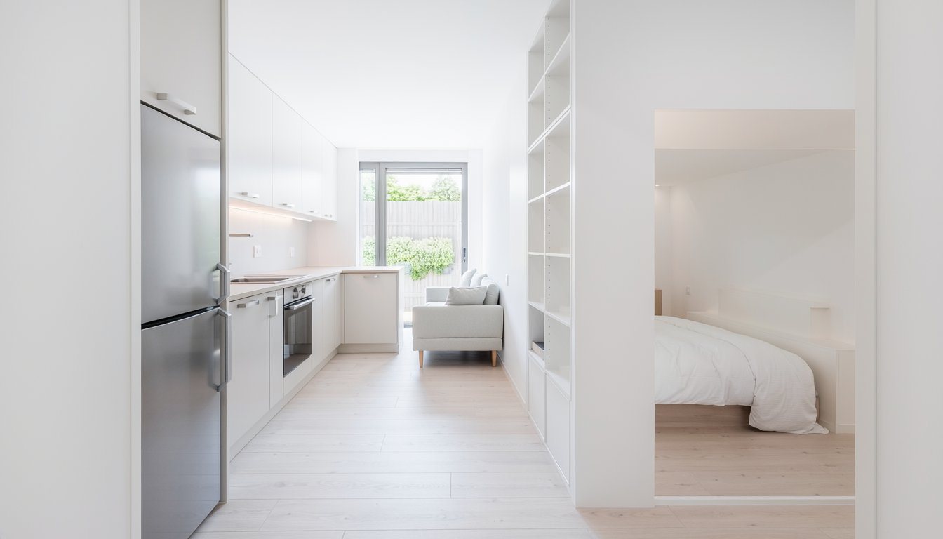 Interior of a 400 sq ft studio ADU with an L-shaped kitchen and a sleeping alcove behind built-ins
