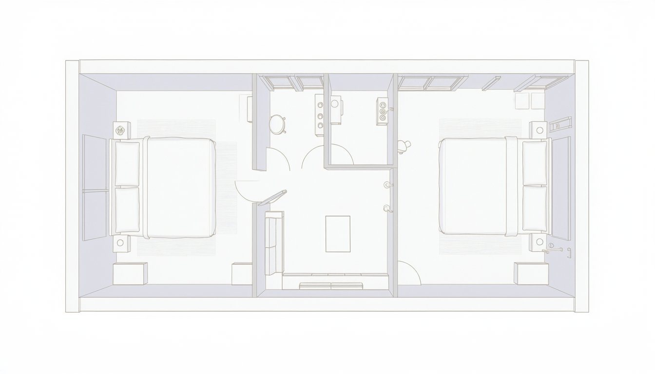 Floor plan illustration of a 1,000 sq ft two-bedroom, two-bathroom ADU