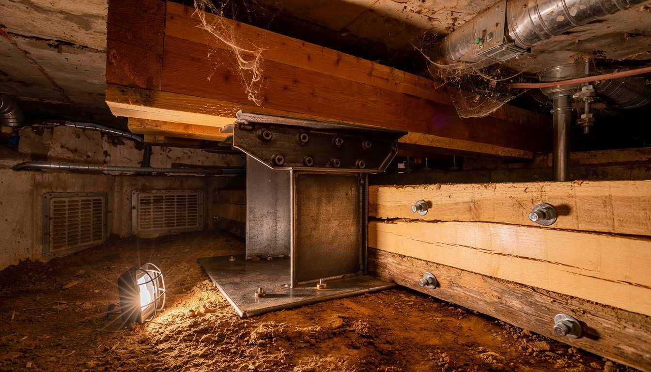 New steel pier and sistered floor joist in the crawl space of an older Los Angeles house