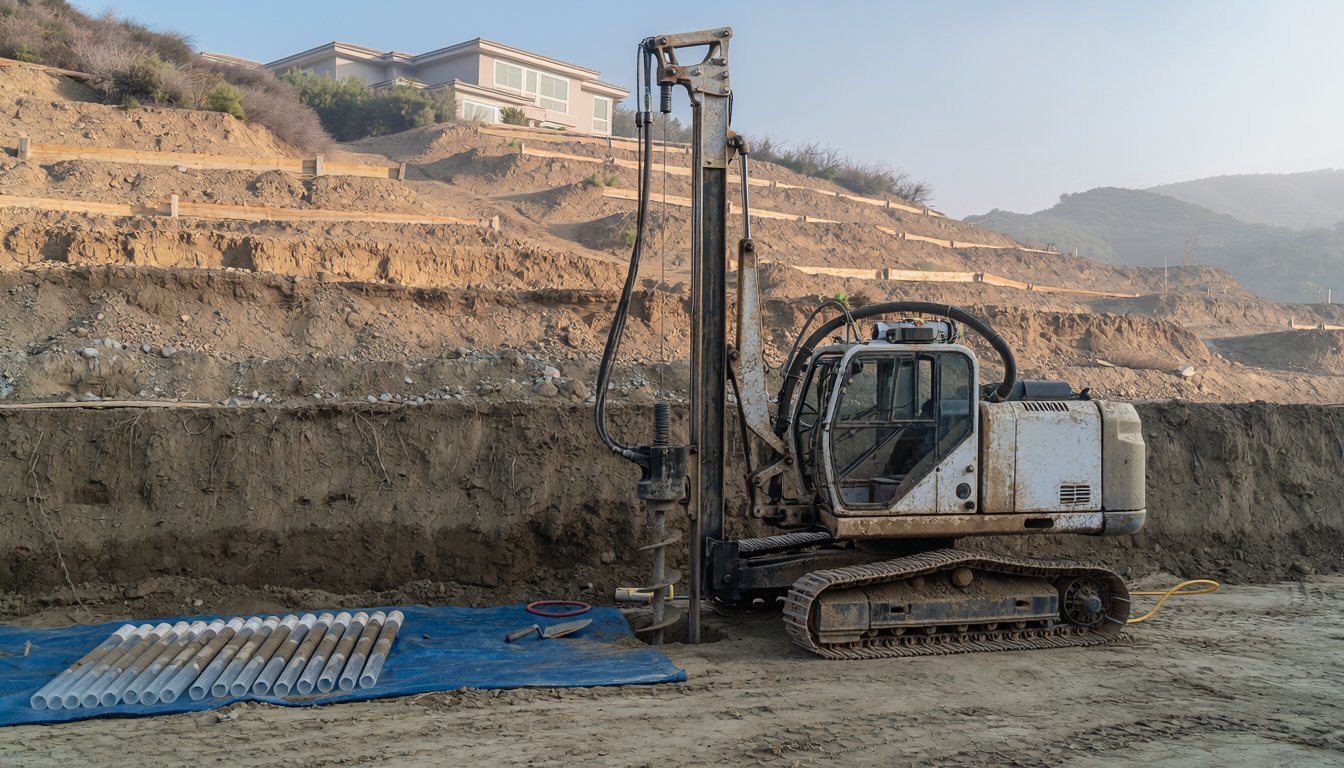 Geotechnical drill rig taking soil borings on a Los Angeles hillside lot
