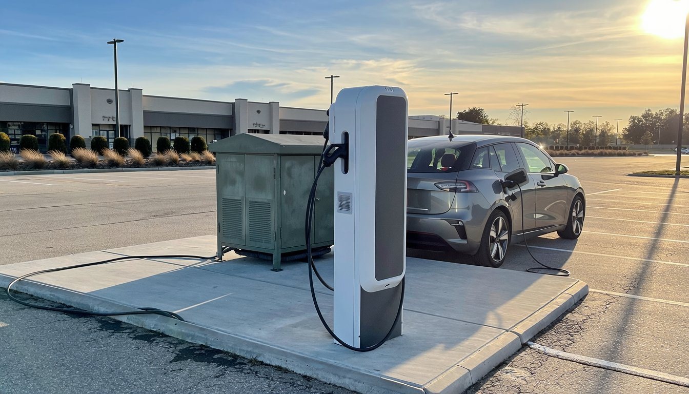 DC fast charger on a concrete pad with an electrical cabinet behind it