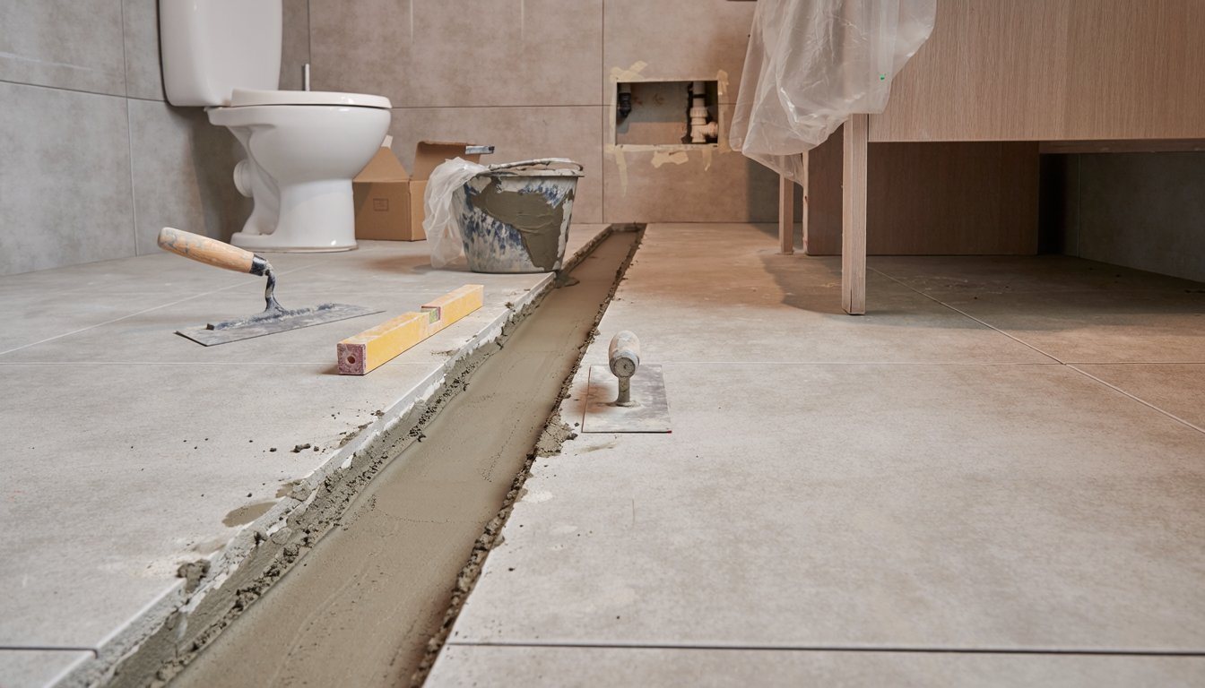 Bathroom floor with a patched concrete strip where a drain line was replaced