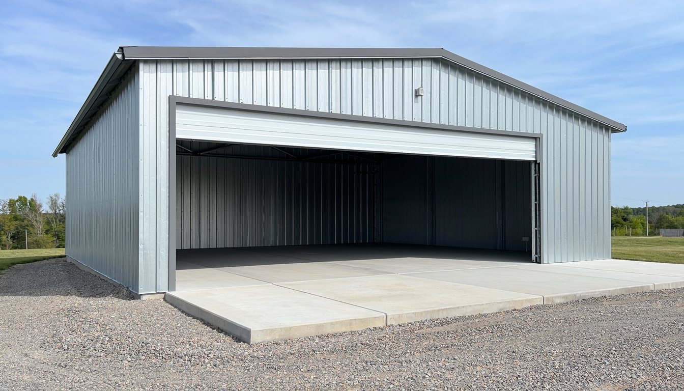 Metal shop building on a 30x40 concrete slab with the door open