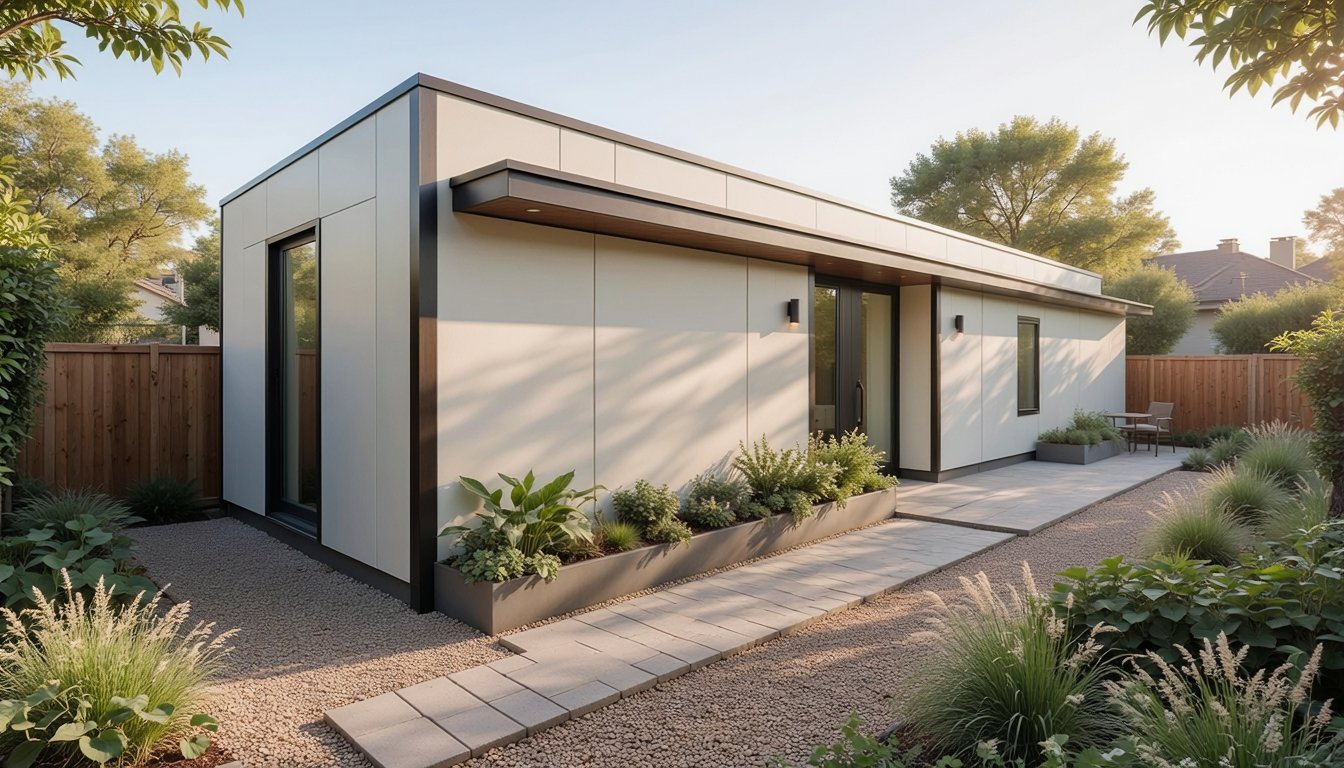 Slim ADU along the side of a narrow backyard with its own gated path and patio