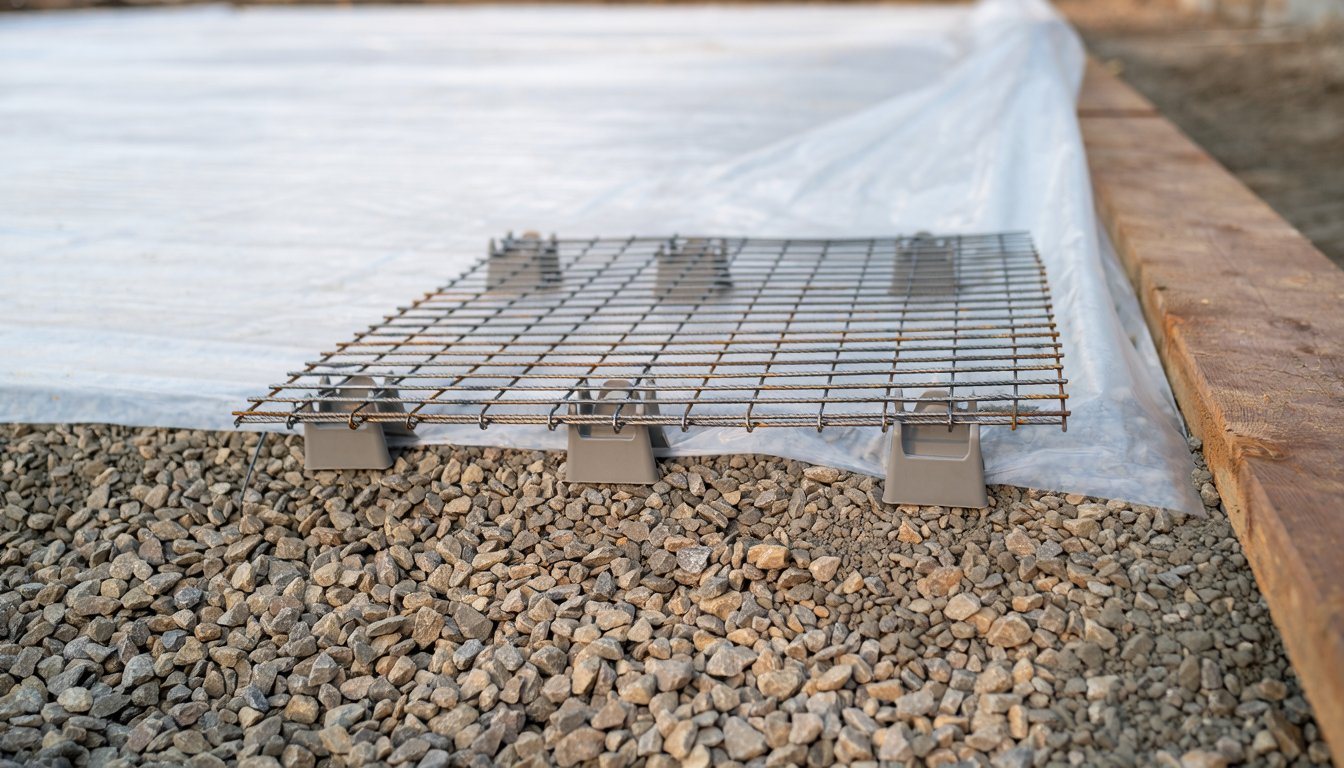 Gravel base, vapor barrier, and wire mesh prepared before a slab pour