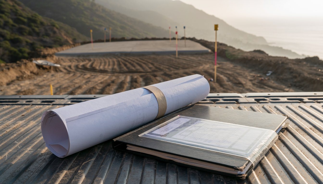 Plans and permit binder on a truck tailgate at a cleared hillside lot in Los Angeles