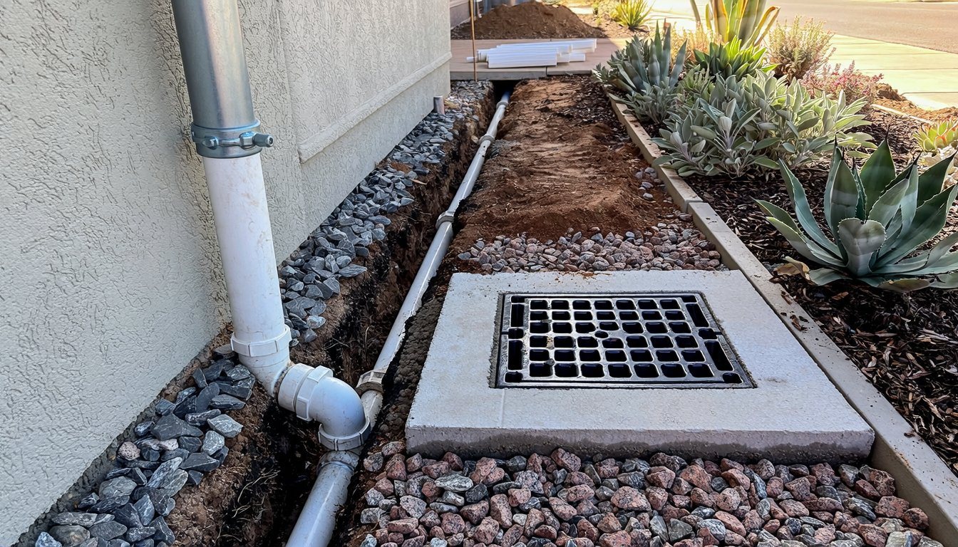 Downspout connected to a buried drain line running toward the street beside a Los Angeles home